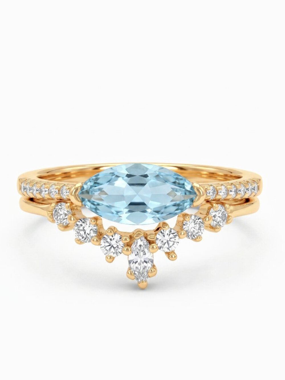 Gold and Aquamarine ring set, 925 Sterling Silver 10k gold
